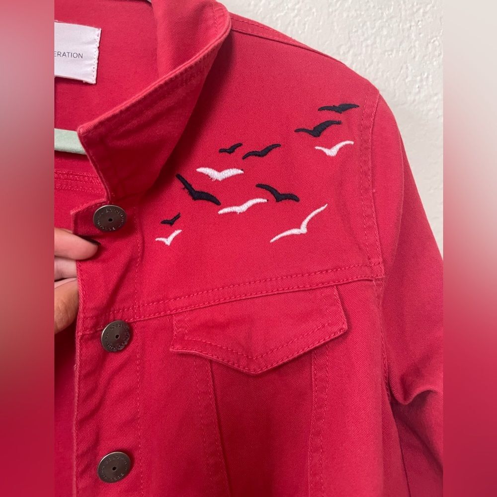 Cropped Denim Jacket Red Soft Cotton Lightweight Utility Embroidered Birds XXS - Picture 9 of 12